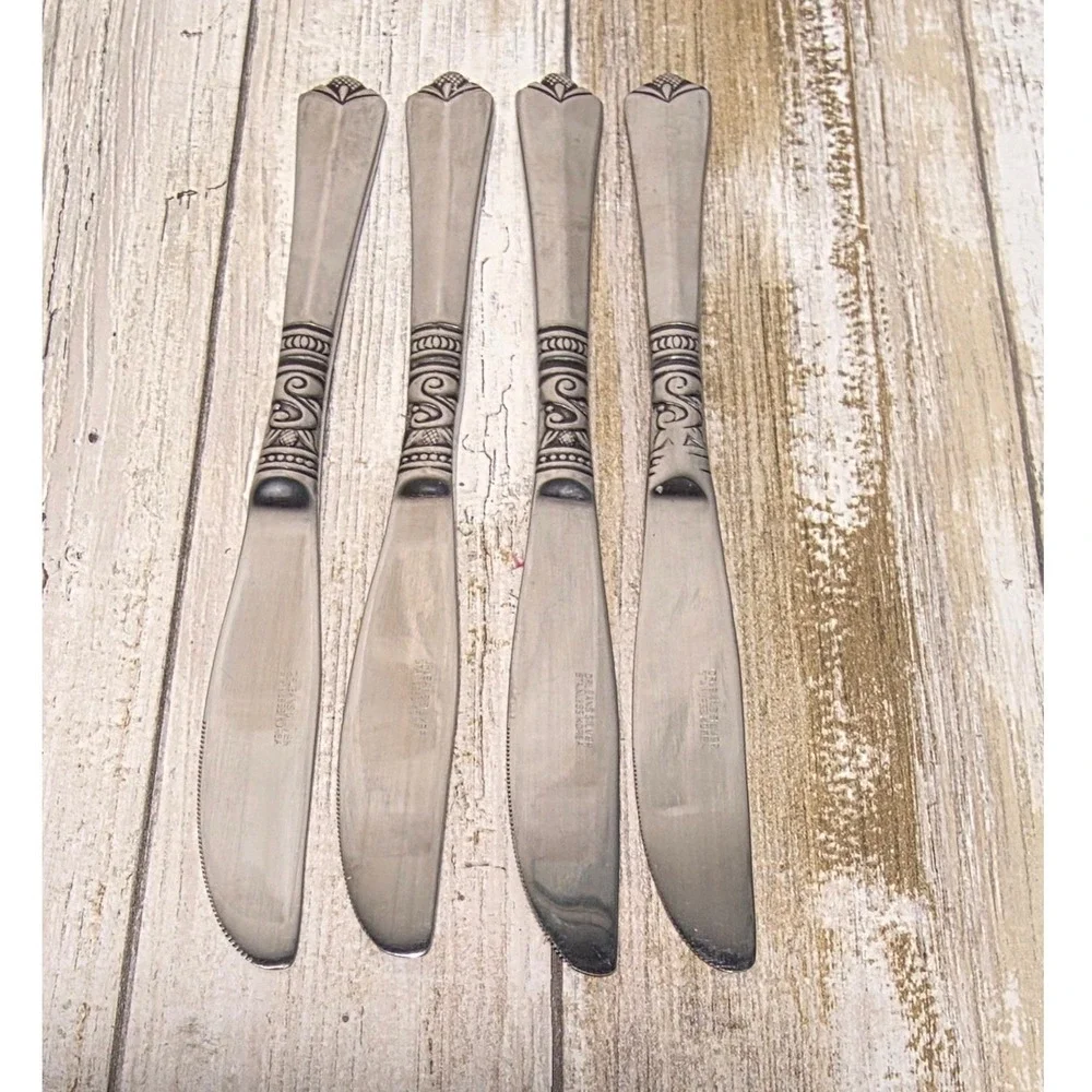 Orleans Silver Stainless Korea Dinner Knives Set of 4 Scroll Fan Pattern Vintage - Picture 5 of 7